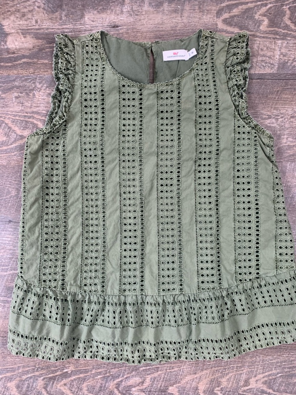 Vineyard Vines Sea Spray Peplum Olive Green Eyelet Ruffle Sleeve Tank Top